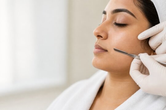 Aesthetician performing dermaplaning facial on South Asian woman