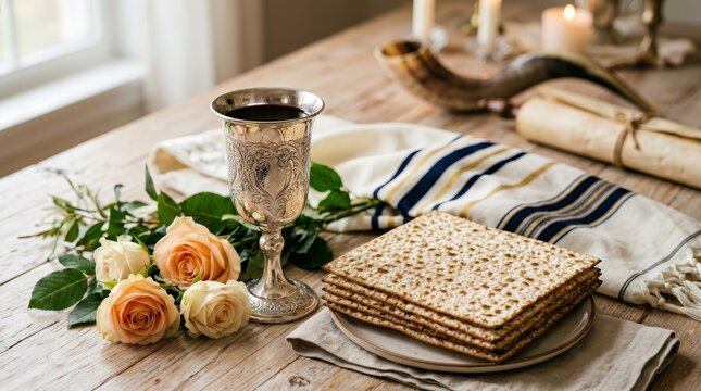 Matzah bread and a silver goblet of red wine for the Pesah holiday celebration.