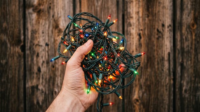 Hand holding tangled colorful Christmas lights against rustic wooden background