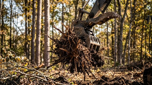 Landscaping and land clearing process using a skid steer and excavator in a wooded area.