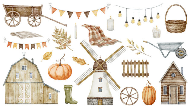 Rustic watercolor illustration set with farmhouse, windmill, cart, lanterns, pumpkins and country decor isolated on background. Autumn rural clipart collection for harvest and seasonal designs.