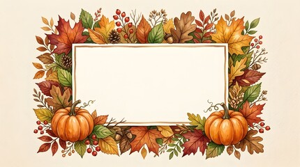 Fototapeta premium Watercolor autumn frame with pumpkins leaves and blank space for text or design