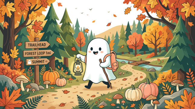 Cute ghost hiking in autumn forest for halloween celebration