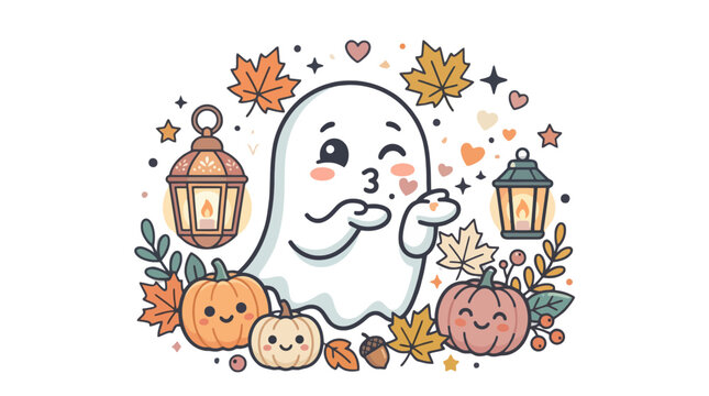 Kawaii halloween ghost blowing a kiss with pumpkins and leaves
