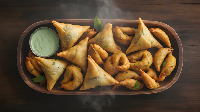 Golden fried samosas served on a rustic wooden platter with aromatic steam rising beside a small bowl of fresh mint chutney for a delicious traditional indian snack experience perfect for any festive 