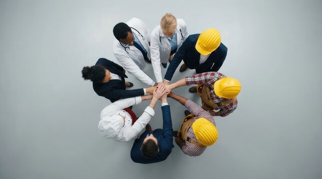 top down view of diverse professionals putting hands together. doctors, engineers and business people showing teamwork and unity. interdisciplinary collaboration concept. banner, website header.