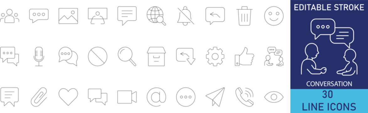 Conversation and social chat message communication line icon set. Vector symbols for speech bubble dialog, discussion debate, interview talking, comment feedback, and forum talk.