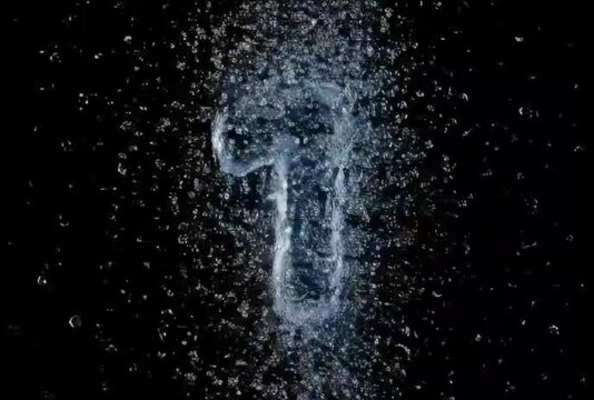 Liquid water number 1 splashing on black background. Crystal clear numeral one formed by water droplets. Fluid motion typography.