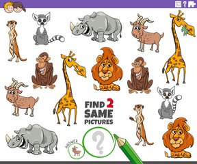 Obraz premium find two same cartoon wild animals educational puzzle
