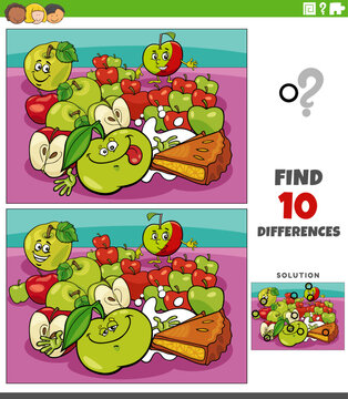 differences puzzle with cartoon apple fruit characters and apple pie