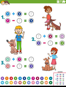 addition and subtraction task with cartoon children and their pets
