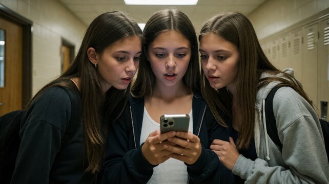 Teenage Schoolgirls Shocked by Smartphone Screen in Hallway