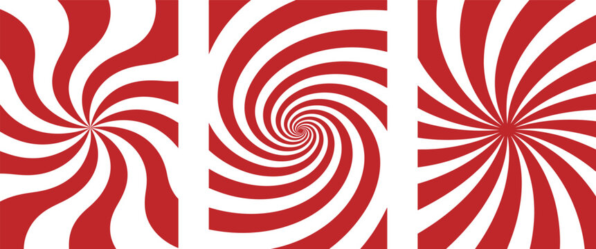 Red and white spiral patterns arranged in a triptych composition