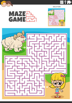 maze puzzle game with cartoon little girl and her puppy