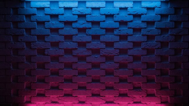 Textured brick wall illuminated by vibrant blue and purple neon lighting