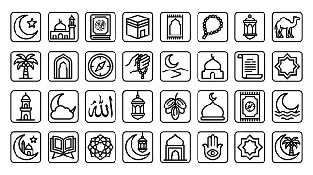 Set of islamic religious icons and symbols featuring mosques lanterns prayer mats and holy quran line art