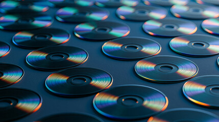 Obraz premium Iridescent Glass Discs and Transparent Plates on Dark Blue Background
