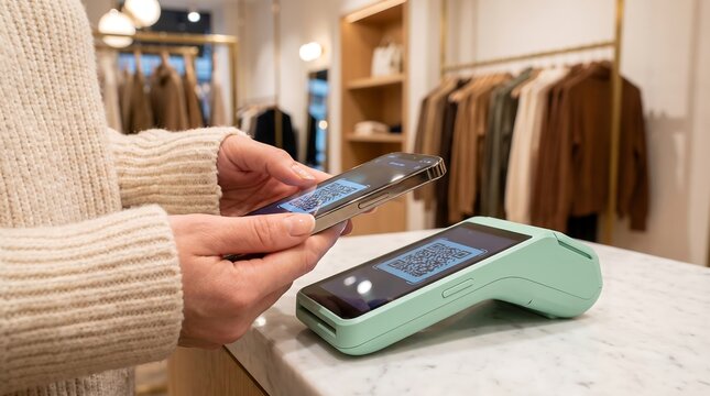 Woman Scanning QR Code for Mobile Payment on Terminal in Boutique