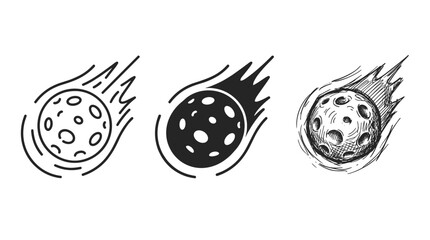 Three meteorite rocks flying with motion trails, illustrated as outline, black silhouette, and hand-drawn sketch icons. © BestFren