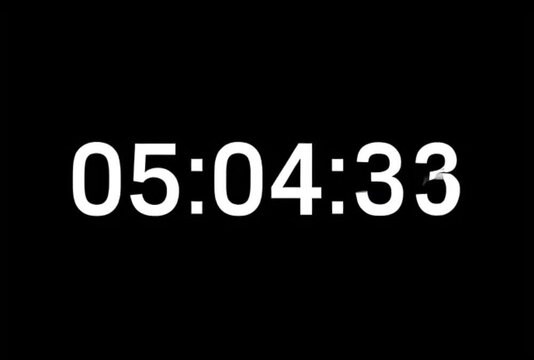 Digital countdown timer with white numbers, minimalist clock display on black background, electronic time counter for video editing