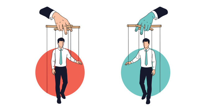 Businessmen controlled as marionette puppets by giant hands in a metaphor representing corporate manipulation and control.