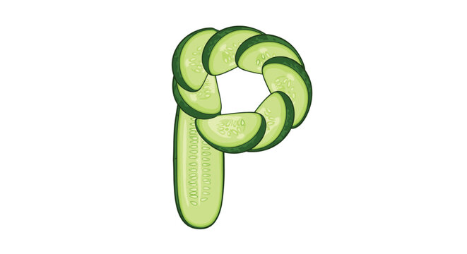 Alphabet letter P creative design composed of overlapping fresh green cucumber slices, clean healthy concept.