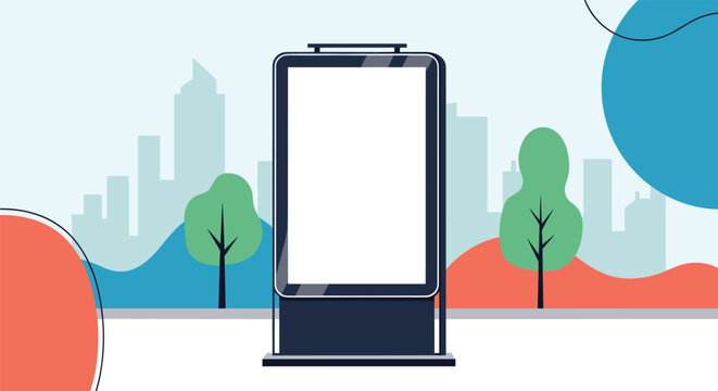 Vertical blank outdoor billboard mockup located in a city park setting with modern buildings in the background.