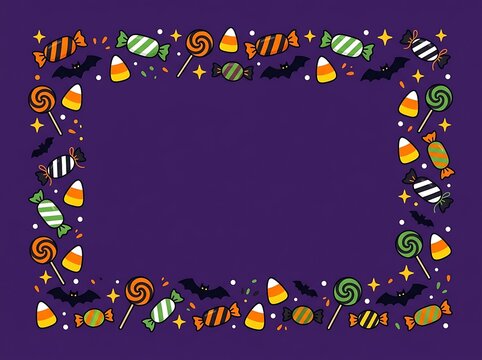 Halloween themed candy and bat decorative border design with vibrant colors