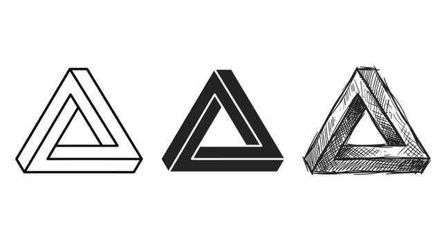 Three Penrose Triangle Illustrations in Outline, Silhouette, and Hand-Drawn Sketch Styles