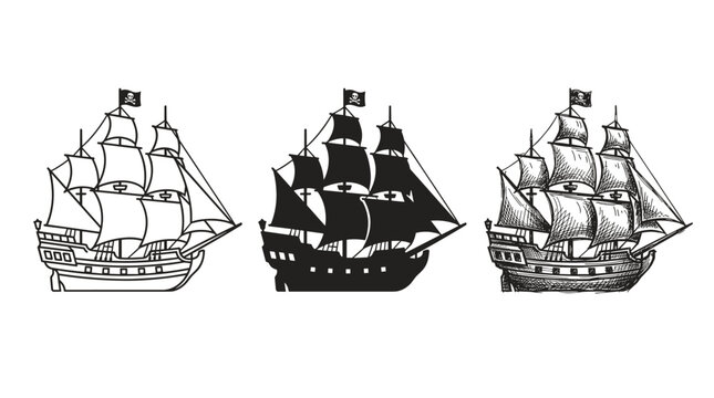 Set of Three Pirate Galleon Ships with Jolly Roger Flags in Side Profile