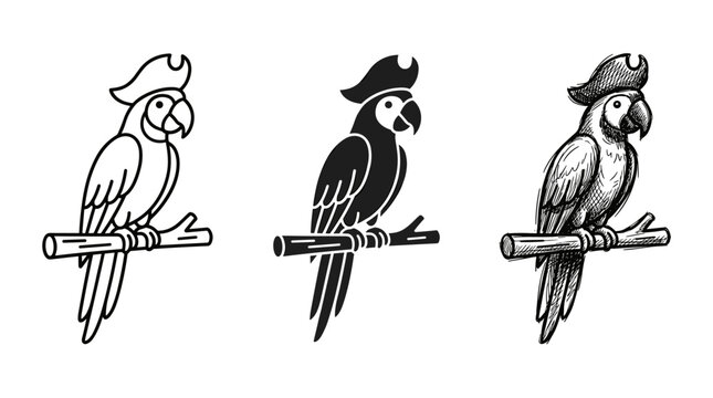 Three Pirate Macaws Wearing Hats, Perched on a Branch, in Different Art Styles
