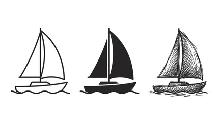 Fototapeta premium Three stylistic depictions of sailboats on water: simple outline, solid black silhouette, and detailed sketch