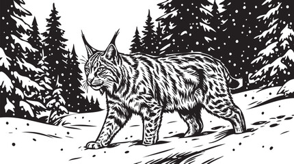 Wild lynx walking in snowy forest, vintage woodcut style illustration, black and white engraved print. Mountain animal in winter landscape with pine trees. Retro animal art for logo, print © Uttam