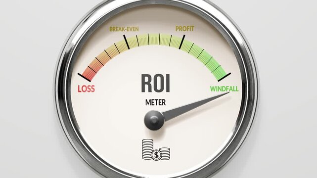 Roi - return on investment at maximum. High and rising values of roi. Meter needle reaching windfall levels. Roi values off the charts. (No AI, made by humans for humans).
