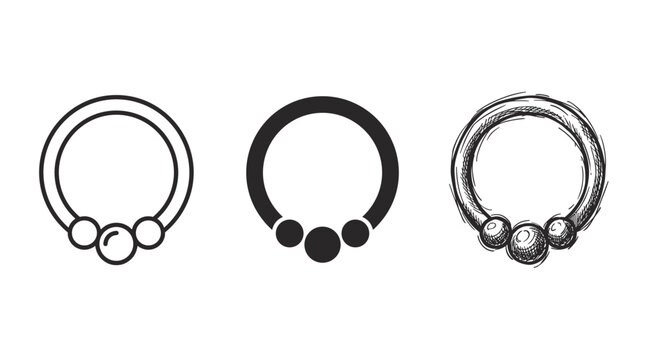 Vector icons representing a beaded nose ring or body piercing hoop embellished with three captive beads along the bottom, shown in three distinct graphic styles: clean line art outline, solid black.