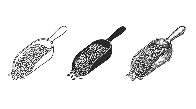 Vector icons representing a metal or wooden scoop filled with coffee beans, seeds, or grains spilling out at the edge, shown in three distinct graphic styles: clean line art outline, solid black.