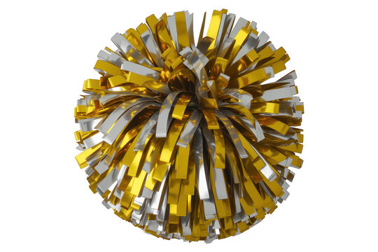 Shiny gold and silver metallic cheerleader pom-poms, arranged in a spherical shape, isolated on a white background, for sports team spirit