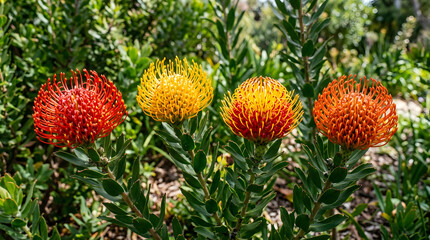 Fototapeta premium Row of colorful pincushion protea flowers blooming in a lush green garden