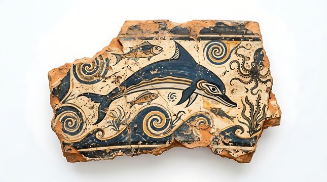 Ancient Greek Pottery Fragment Featuring a Dolphin Motif Isolated on White Background