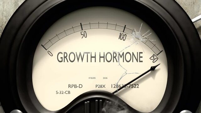 Growth hormone meter showing big levels of growth hormone. Dangerously increasing high values of growth hormone, critical overload. Too much, off the charts. Max growth hormone