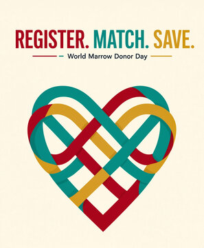 Poster for World Marrow Donor Day with heart shape made of interconnected ribbons.