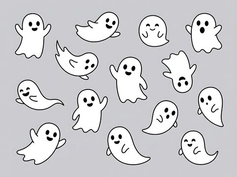 Collection of cute cartoon ghost illustrations with various happy and playful expressions