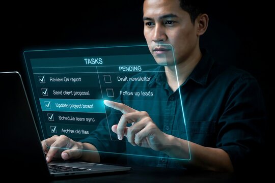Man points at a digital task list displayed on a futuristic screen, showing completed and pending items.