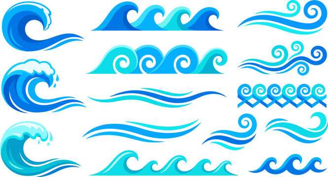 Stylized blue ocean waves set, 14 decorative sea wave vector icons, nautical water swirls and surf splashes for summer design