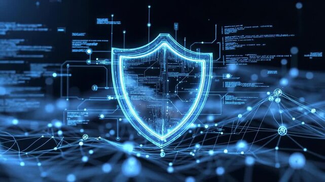 Glowing digital shield with futuristic style on dark tech background, concept of cybersecurity and protection systems