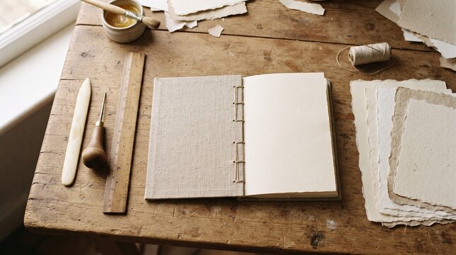 Bookbinding tools and raw handmade paper surround a partially stitched journal spine.
