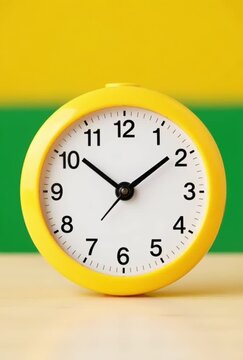Yellow analog alarm clock on wooden table, vibrant minimalist round clock, morning time concept on yellow and green background