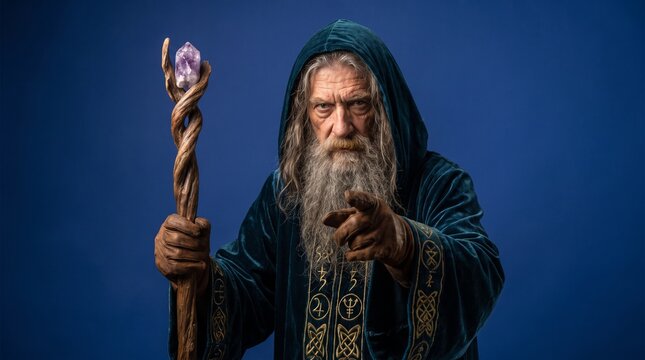 Powerful Old Wizard Pointing Finger Holding Wooden Staff with Amethyst Crystal Isolated on Blue Background