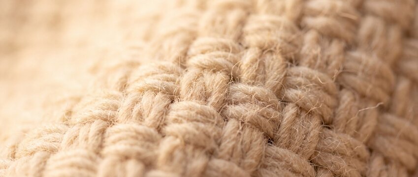 Macro close-up of natural woven jute fabric texture with warm lighting and shallow depth of field serving as a rustic background.