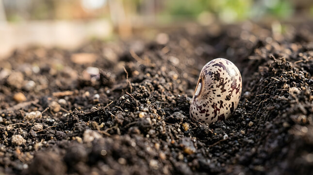 Close up of a speckled bean seed resting on dark garden soil. Macro photography of organic vegetable planting and agriculture